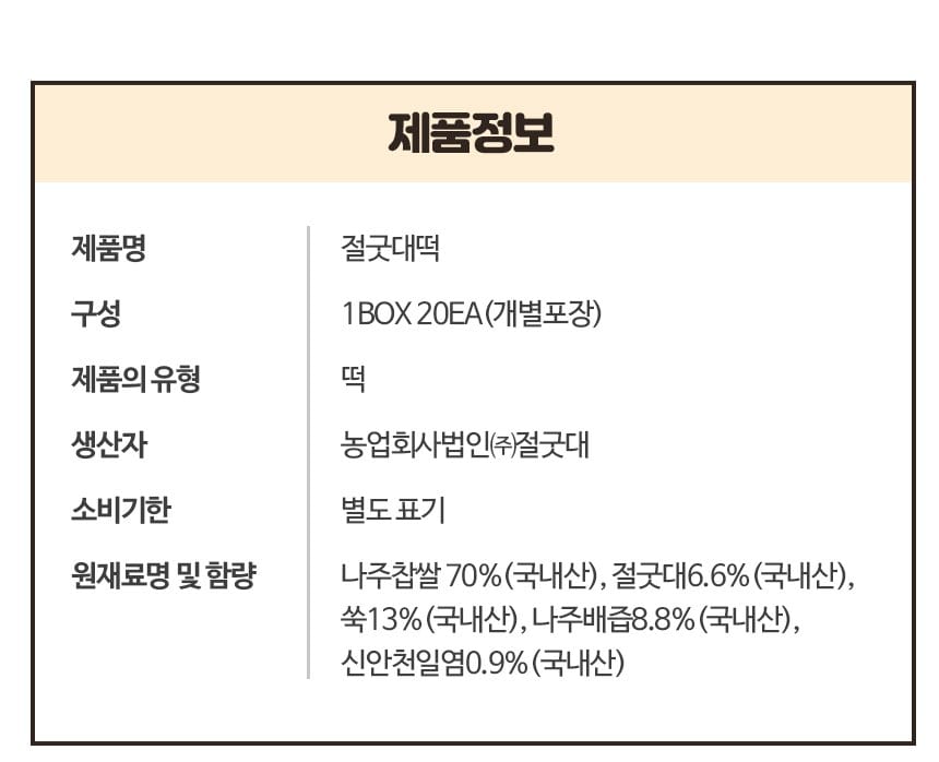 제품정보 — 제품명·구성·제품의 유형·생산자·소비기한·원재료명 및 함량