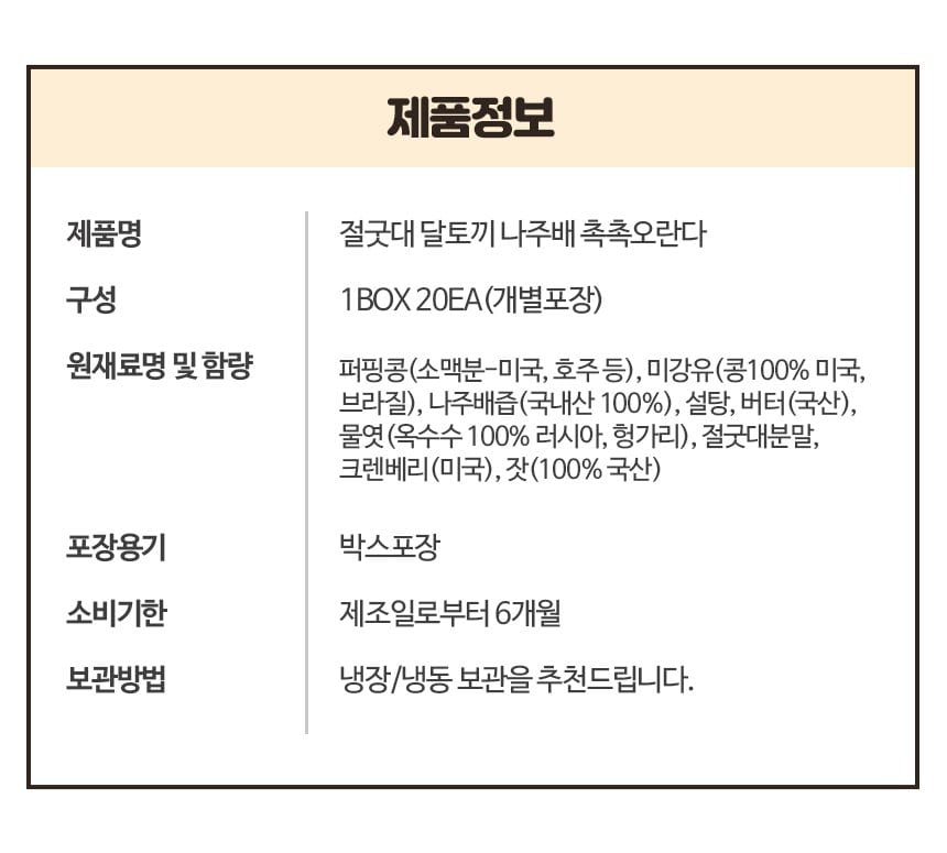 제품정보 — 제품명·구성·원재료명 및 함량·포장용기·소비기한·보관방법